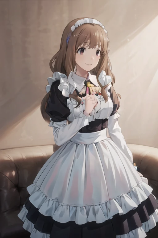 masterpiece,  best quality,  high definition ,  The Idolmaster,  Single Hair Bang, Maid headdress,  side lock,smile, frills, brooch, Maid,  black dress,  Puff Sleeves ,  Long Sleeve , Maid apron,  white apron , garden,  standing ,  COWBOY SHOOTING ,Five fingers, (  perfect hand, perfect anatomy ),,  five fingers 