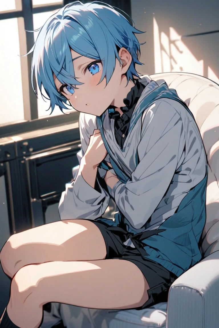 Short hair, white hair, cat ears, blue hair everywhere, big fluffy tail, humanoid, cute, shorts, shirt, coma
