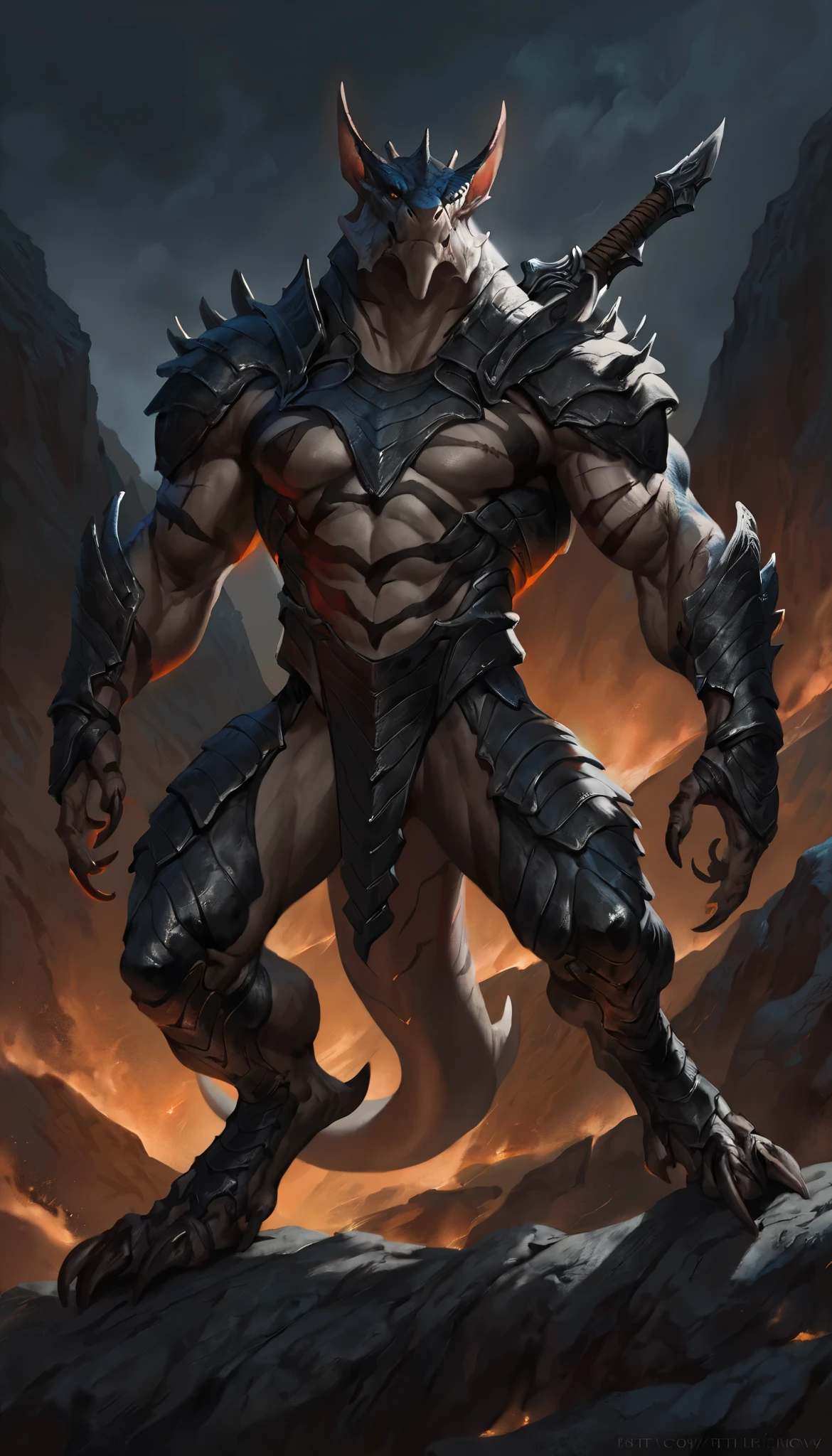 Muscular sharkfolk, solo, anthro shark, detailed skin, strong, wearing demonic full body armor, metallic scales, scars on body, 1male solo, anthro, muscular, wide back, big muscles, small waist, thick tail, marked jaw, armor on legs, full body, comicbook style, night time, best quality, 4k, ultra-detailed, by laobai, by taran fiddler, by honovy, by null-ghost, by thebigslick