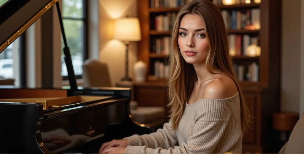 Nexia is playing a grand piano in a cozy, warmly lit room filled with books. She has long brown hairs. She wears a neutral oversized off-shoulder sweater. ((anti)), Nexia