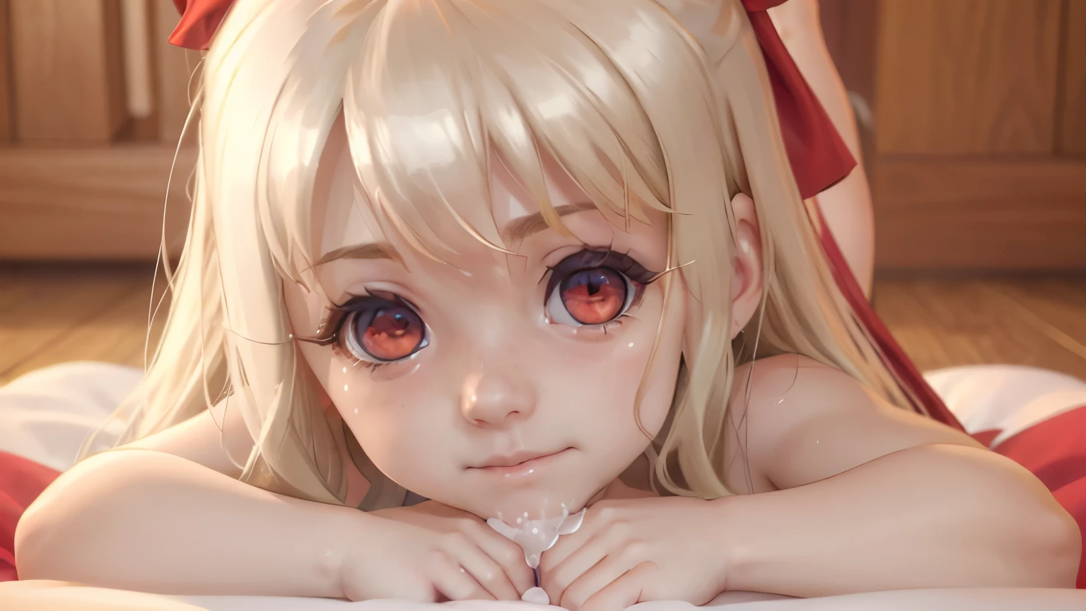 red ruby eyes, (best quality,4k,8k,highres,masterpiece:1.2),ultra-detailed,(realistic,photorealistic,photo-realistic:1.37), primary school girl, long blonde hair and red ruby eyes, full body, cute completely naked girl showing pussy to camera while inside a crib, shy smile while looking at viewer, inside a crib, changing diapers, flat chest, short stature, adorable, round beautiful face, youthful, man ejaculating onto her body