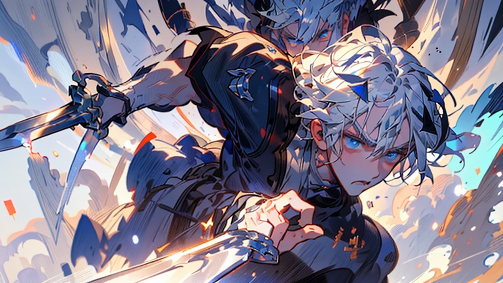 (masterpiece最 High Quality :1.2),  Man holding a sword,, (intense,  concentrated expression :1.3), (8k,  very detailed,  very detailed,  High Quality ,  Unreal Enginedexering :1.3), Cat ears/ Silver Hair ,whole body, blue eyes, silver hair,samurai,warrior,Swordsman,Cat ears,Iaido,Draw your sword,Cat ears