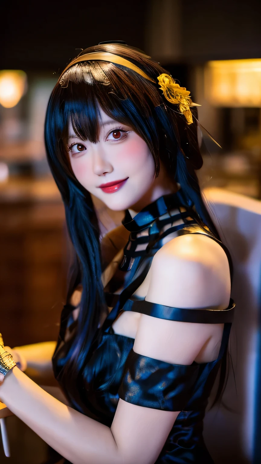 Mona from Genshin Impact, 18 years old girl, (Raw photo, Best Quality), (Realistic, Photorealsitic:1.3), masterpiece, Extremely delicate and beautiful, Soft light, (beautiful black twintail hair, Shoulder-length straight hair swaying in the wind), Beautiful detailed girl, (Detailed fingers), extremely detailed eye and face, beautiful detailed nose, Beautiful detailed eyes, 1 girl, Japanese, Neat and clean beauty, Cute, young, (big breasts), Realistic face, Realistic body, cute smile