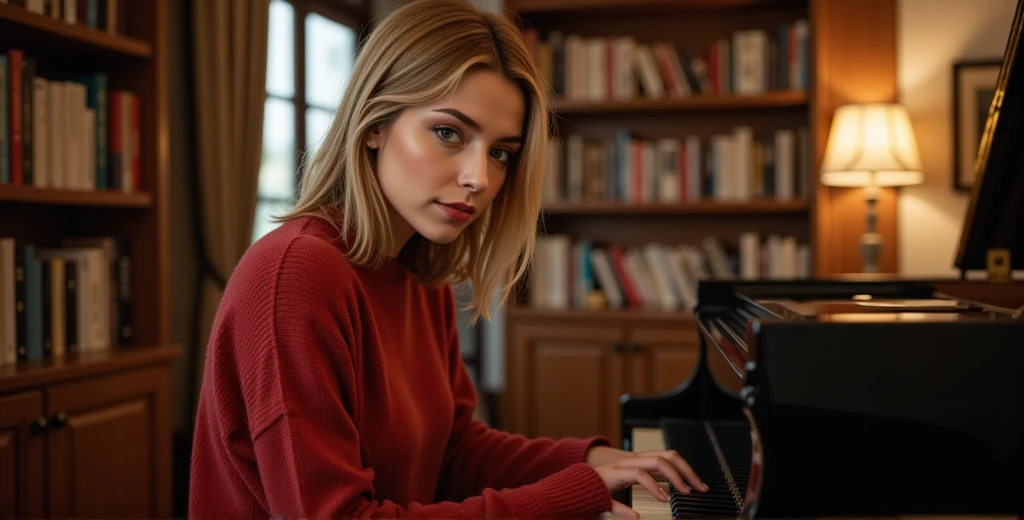 Nexia is playing a grand piano in a cozy, warmly lit room filled with books. She wears a red oversized sweater. ((anti)), Nexia