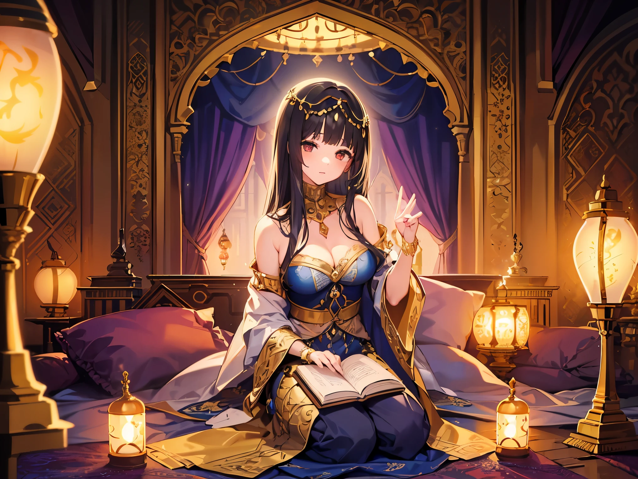 (((Best quality, 8k, Masterpiece: 1.3)), ((best quality)), ((masterpiece)), (detailed), perfect face, perfect body, (detailed skin:1.3), A graceful woman, Scheherazade from "One Thousand and One Nights," sits elegantly on a luxurious bed with a canopy of flowing silk drapes. The setting is illuminated by warm, flickering lanterns casting intricate shadows on the walls. She is dressed in a flowing, richly adorned robe with intricate patterns of gold and deep blues, her hair adorned with delicate jewels. Surrounding her are vibrant pillows and cushions, adding to the opulence of the scene. She holds a book or gestures expressively as she captivates an unseen audience with her storytelling. The background hints at an ornate Middle Eastern palace with arched windows and intricate designs.