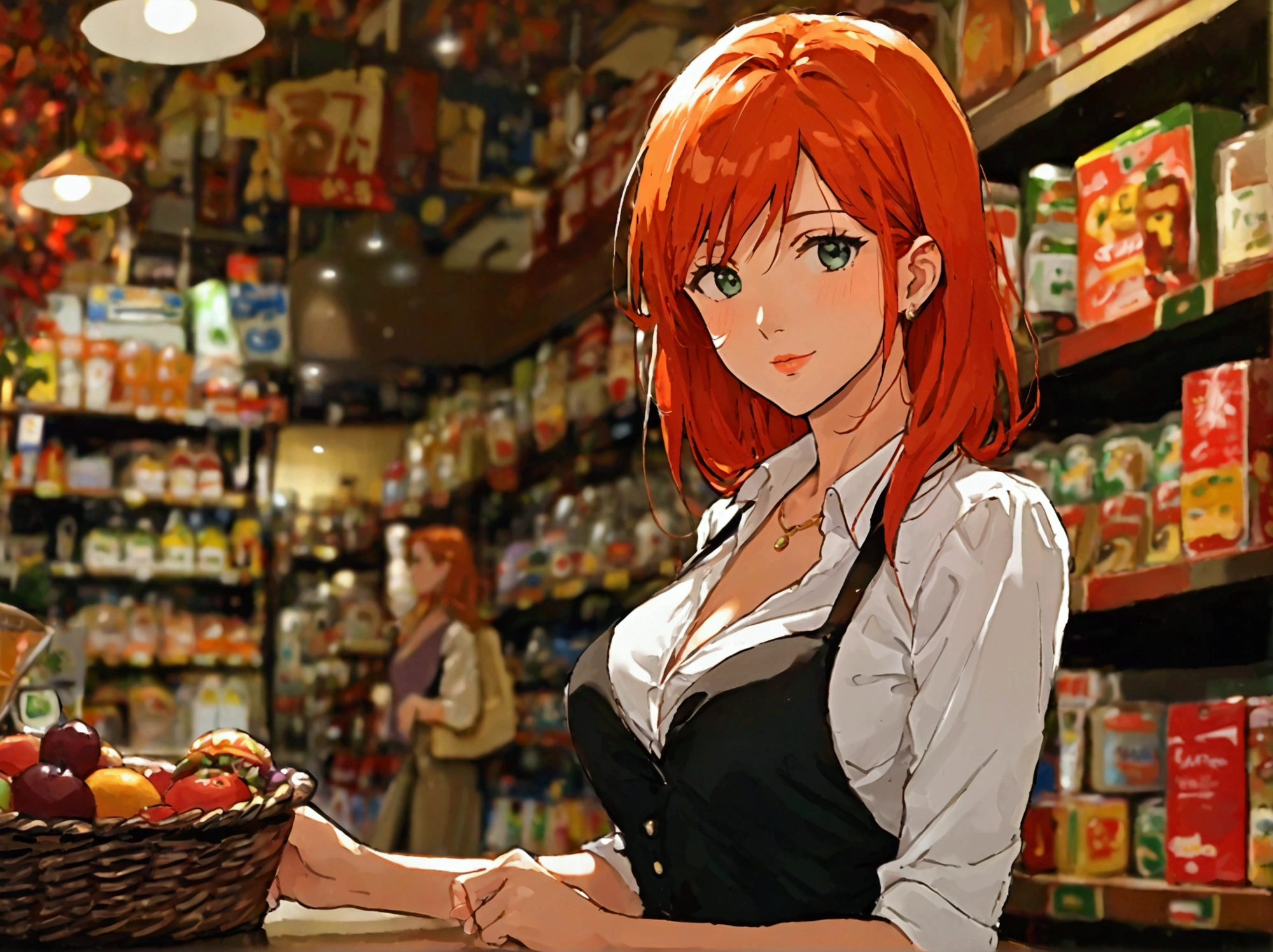 1 woman, red hair, red dress, red curly hair, sitting at the dining table, beer, a cat on the table doing a backflip