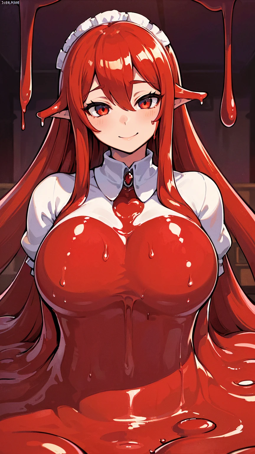  ((masterpiece,best quality,ultra-delicate,Perfect Face,16k,very detailed eyes,high resolution,very beautiful girl)),((red slime girl,high viscosity red slime body,melting legs,,melting red long hair)),maid costume,large breasts,,smile,indoor,upper body shot,