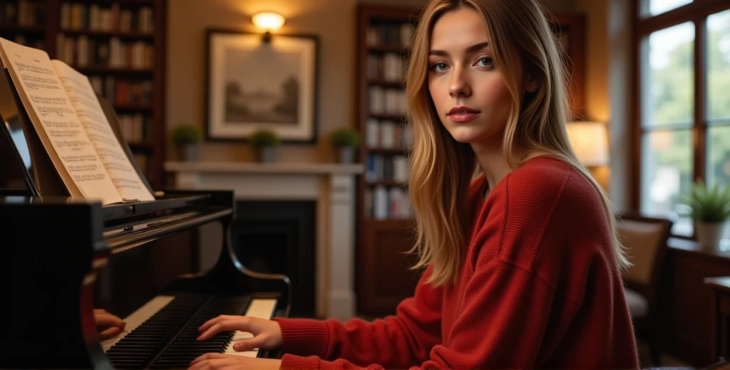 Nexia is playing a grand piano in a cozy, warmly lit room filled with books. She wears a red oversized sweater. ((anti)), Nexia