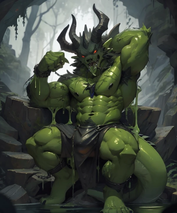 Single, demon, green skin, Green latex body , tall, Strong, thin,Slender,   red eyes , thick tail , Crotch bulge,  thick bag, Hold iron chain ,  Next cloth , 綠色demon翅膀, evil, 周圍 Green Slime , Green Saliva , tooth, Tongue,  Home Watch Video, Dark Cave ,  Green Slime , Exposing the armpit of the right hand