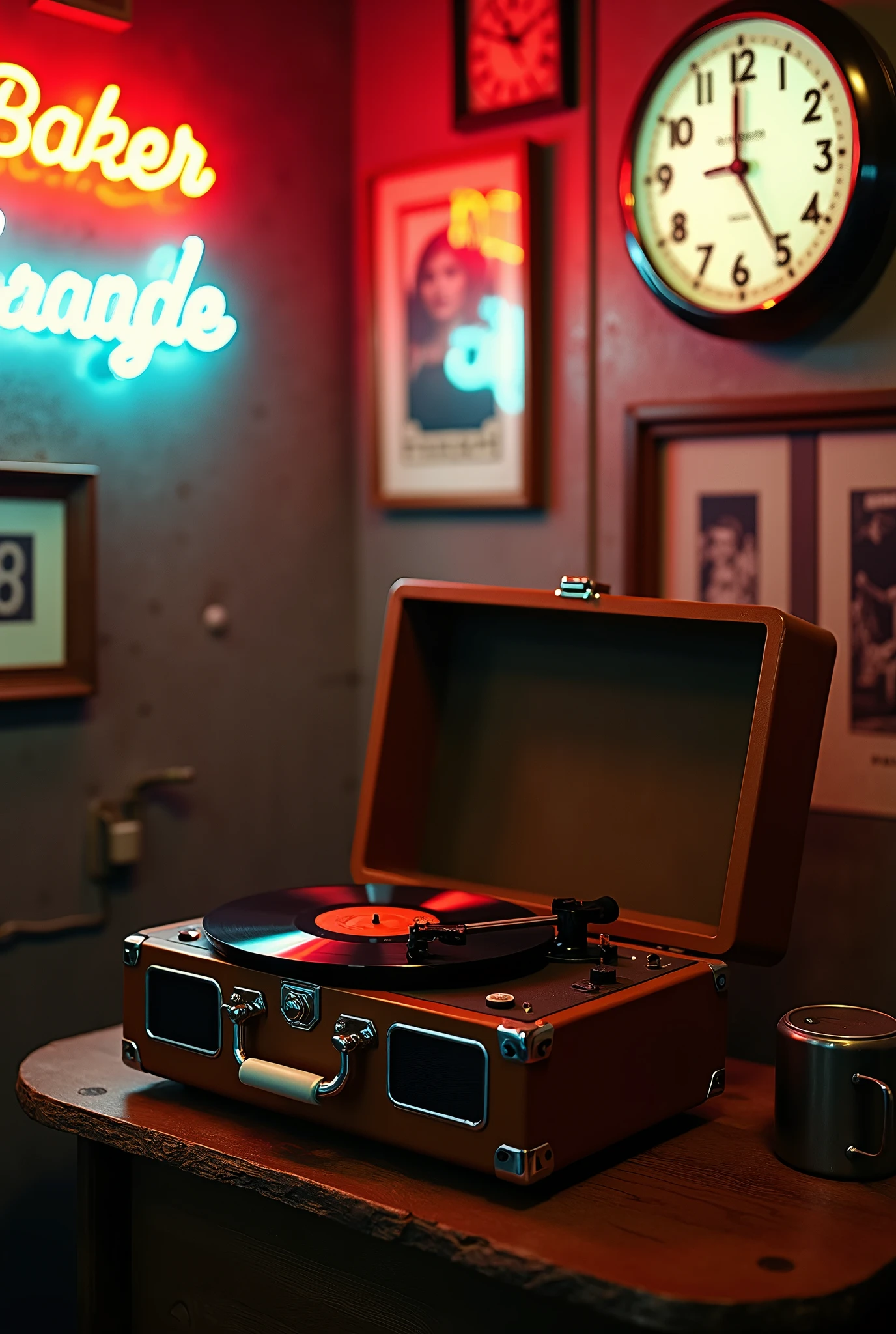  surrounded by vintage details, (a Vintage Record Player:1.6), Chrome accents, Neon Signs.,  dramatic lighting, shot on 35mm film., Nostalgic background,, membrane, eldery lady and gentleman are sitting on a chair and listneing to a music