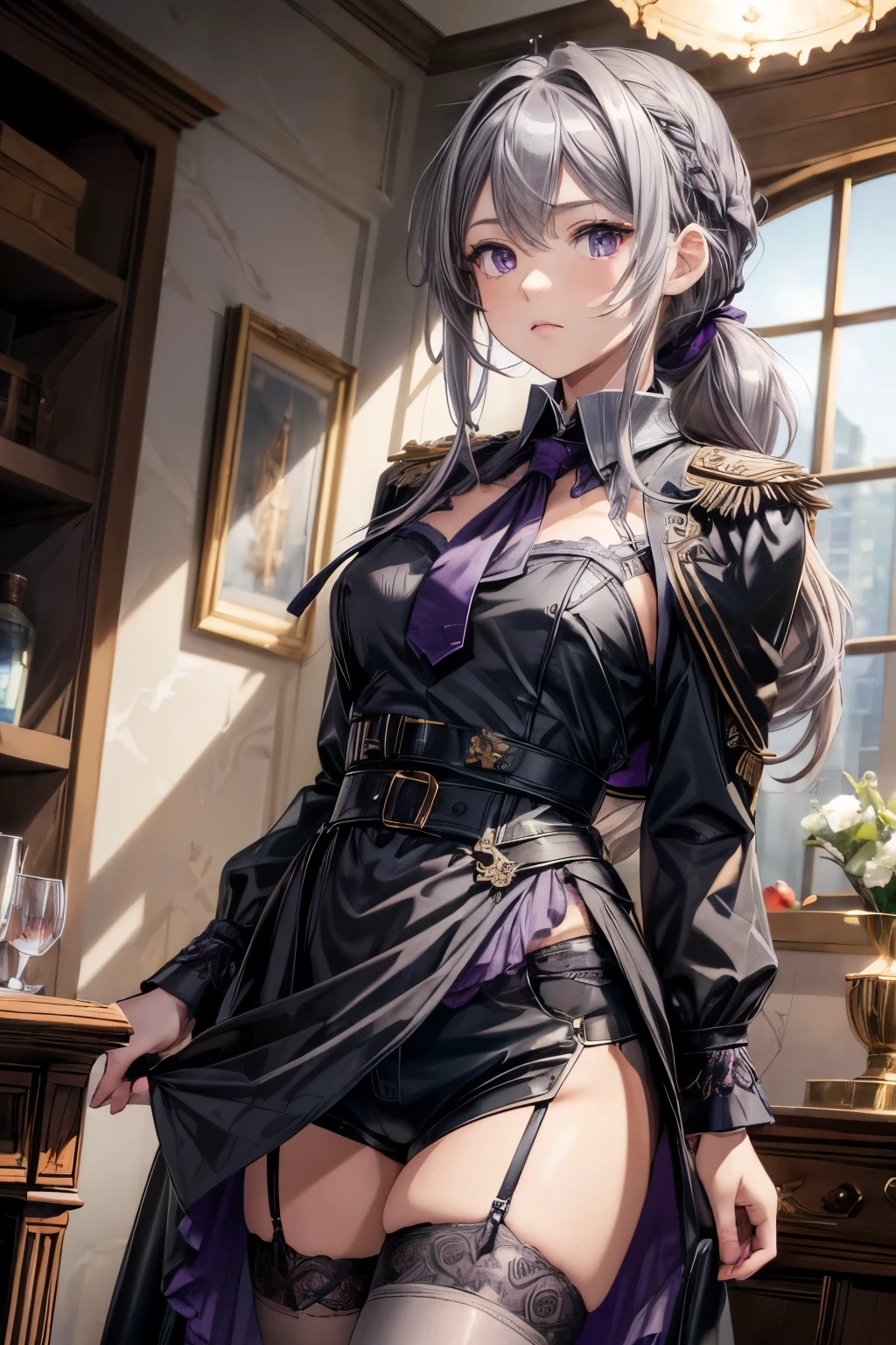 ( best quality:1.3), (masterpiece:1.3), (Illustration:1.3), ( super detailed:1.3), (Imide Shot:0.9), 1 girl, purple eyes, (((Gray Hair))), Hair Accessory, Tall, Mature, Long Hair, Hair tied up, indoor, thigh-highs, low ponytail , upper body, close, Black leather coat, Black Suit , large ribbon with dark blue cameo, black and purple cloak attached to her collar, shorts