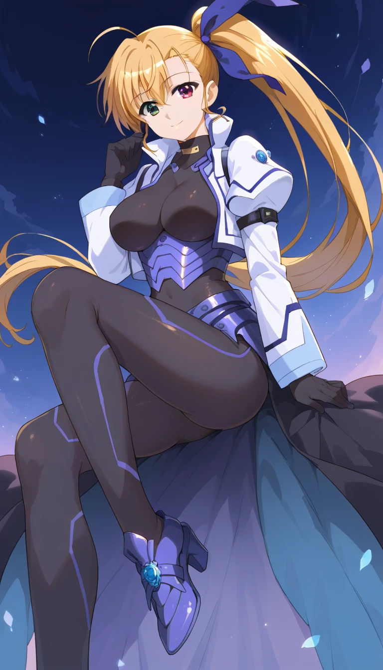 ((full body)), score_9,  score_8_up,  score_7_up,  score_6_up,  score_5_up,  score_4_up, sauce_Anime, bbvivio, aged up, Long Hair,  blonde hair , Ahoge,  Side Ponytail ,  hair bow,  heterochromia ,  Big Breasts ,  black bodysuit ,  cropped jacket,  white jacket ,  Puff Sleeves ,  Long Sleeve ,  black gloves , armor,  high detail,  High Quality ,smile, Wavy, 1 girl, Alone, Long Hair,  eye,  watching the audience, Particles of light, shut up, indoor, , bangs, ,  tilting your head ,Black Rose, 美丽细致的eye,   1 girl, Alone,  super detailed, Long Hit, Beautiful background,, .(  perfect hand, Perfect Legs，perfect feet， perfect anatomy),  ，M type，  transparent  ，Long legs，Low Cut，Release the shoulder， Touching the genitals，Correct body posture，Right leg shape  ，   Correct Body Ratio ，Correct thighs，Suitable shoes，Luxurious chair，，，