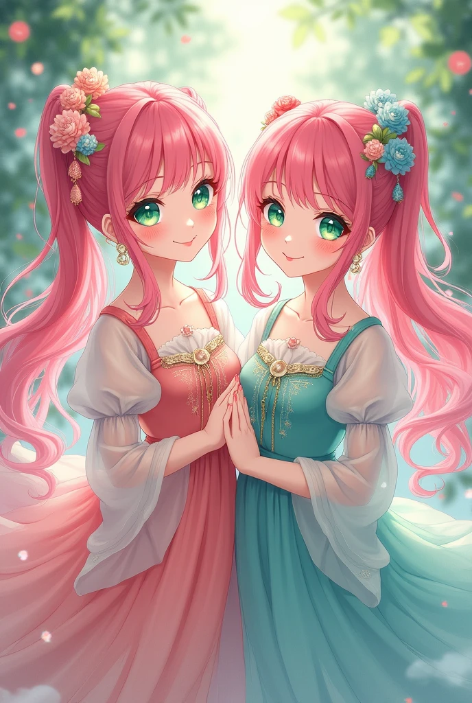 Two adults twin sisters, with pink hair and green eyess. They wear ...