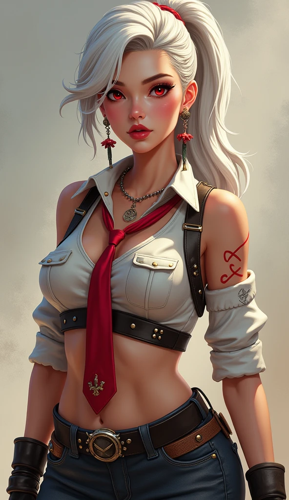 AsheOver, alone, hat, mole over mouth, earrings, red eyes, jewelry, makeup, lipstick, looking at viewer, top t-shirt, cleavage, shorts, white hair, asymmetrical hair, blurred, earrings, taupe, intricate background, red lips, nose, day, shirt, cleavage, upper body, lips, mouth hold, shadow, portrait, depth of field, short hair, outdoors, mask, medium hair, dynamic pose, body shape with curves, intricate details