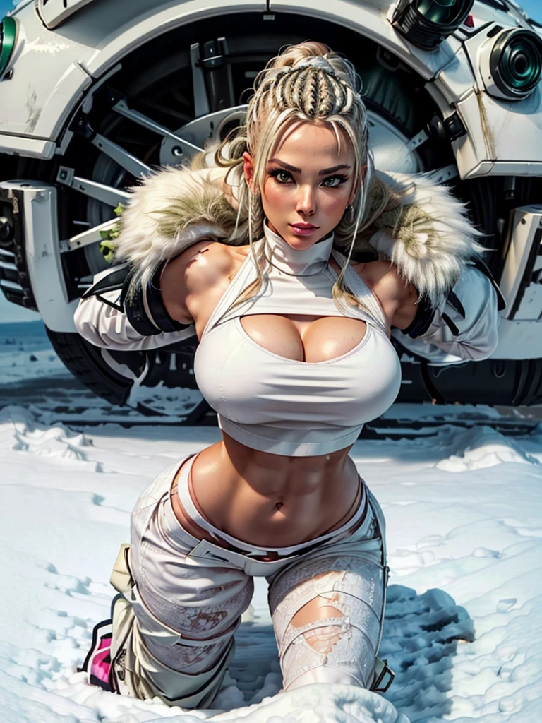 Full body shot of a single sexy bimbo warrior woman holding oversize shotgun. Slim hips, ((small) high profile breast), (breast implants contours visible), blonde big hair on braids, ((sexy smile)), full big (bimbolips), muscular arms, ("slim narrow hips"), "big round high profile bubblebooty ass", "strong muscular quads", dark tanned skin, "pink crop top", balaclava under neck, ((green) tactical cargo pants), (((white fur) detailing on clothes)), (combat boots with (white fur detailing)). Mercenary, gh0st, ((sexy booty pose)), cold, snowy atmosphere, blood in the snow, desolate landscape, freezing, breezy winter day, icy road, bare trees, abandoned vehicles, dramatic color tones, photorealistic, 8K, UHD, ultra high quality, intricate detail, detailed face.