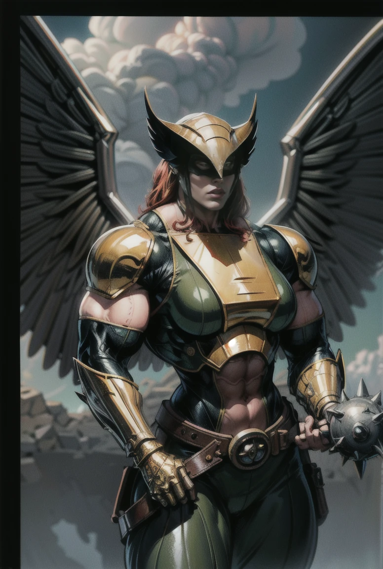 (cowboy shot), (masterpiece), (Best quality:1.0), (ultra high resolution:1.0), Highly detailed face and eyes, (Photorealistic:1.2)
BREAK ShayerDK, high detail face white eyes, a mask, metal Wings, Wings, holding a weapon, a larger spiked mace, electricity gold-blue plate armor, green pants, life, belt, Gorgeous breasts,
UNDERSTAND SKY, lightning, Clouds, bulky bodybuilder hyper muscle, 