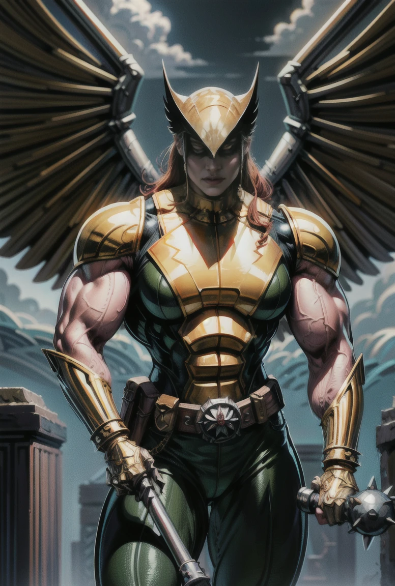 (cowboy shot), (masterpiece), (Best quality:1.0), (ultra high resolution:1.0), Highly detailed face and eyes, (Photorealistic:1.2)
BREAK ShayerDK, high detail face white eyes, a mask, metal Wings, Wings, holding a weapon, a larger spiked mace, electricity gold-blue plate armor, green pants, life, belt, Gorgeous breasts,
UNDERSTAND SKY, lightning, Clouds, bulky bodybuilder hyper muscle, 