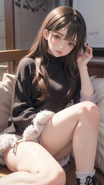 1lady, /(oversized sweater/) v-neck, mature female, /(brown hair/) bangs, blush, (masterpiece best quality:1.2) delicate illustration ultra-detailed, pantyhose BREAK /(modern house living room/) indoors, (((selfie))), (((petite))), (((frontlight))), (((sultry look))), (((lying on the back))), (((no pants))), (((wet undies)))