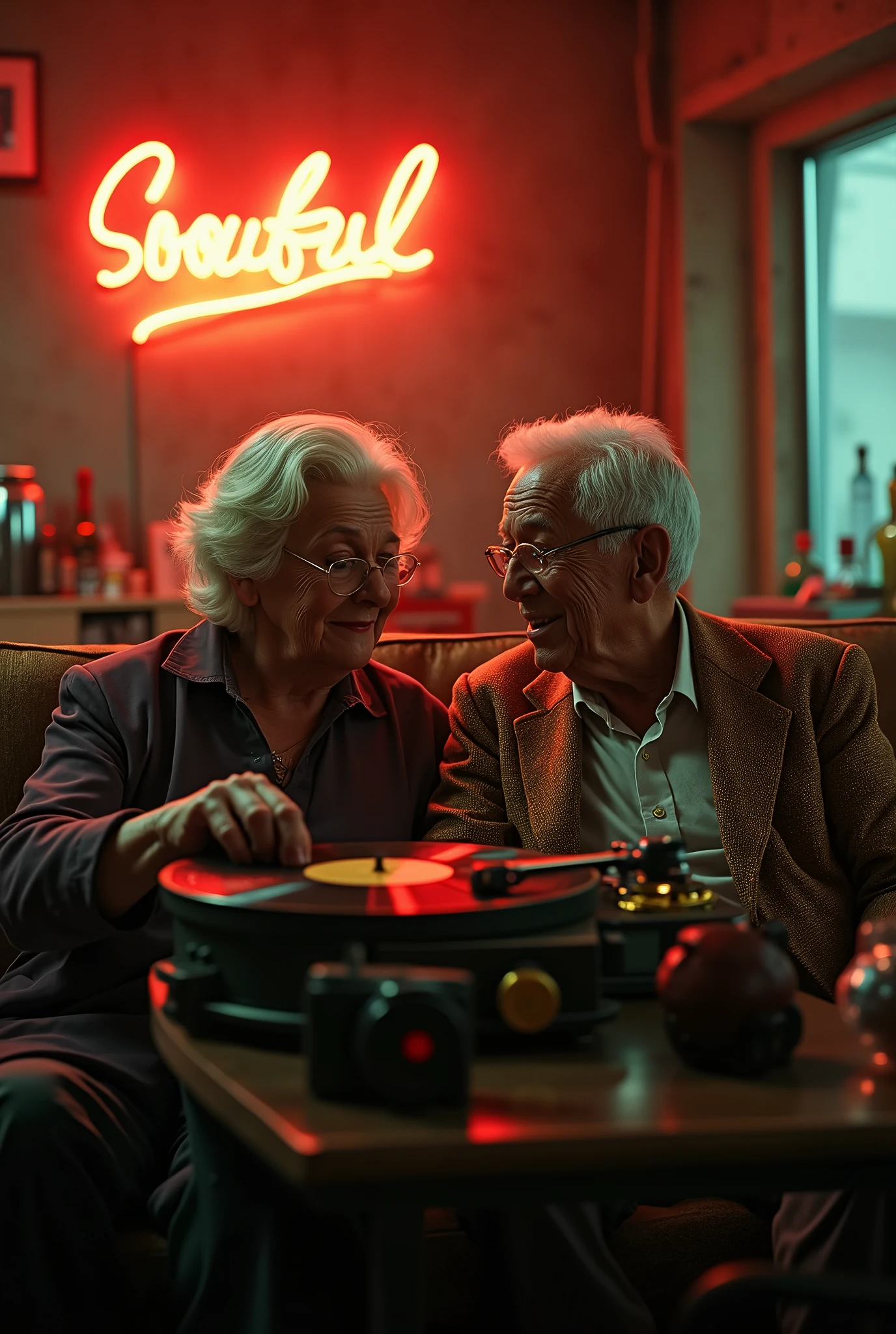  surrounded by vintage details, (a Vintage Record Player:1.6), Chrome accents, Neon Signs.,  dramatic lighting, shot on 35mm film., Nostalgic background,, membrane, eldery lady and gentleman are sitting on a chair and listneing to a music