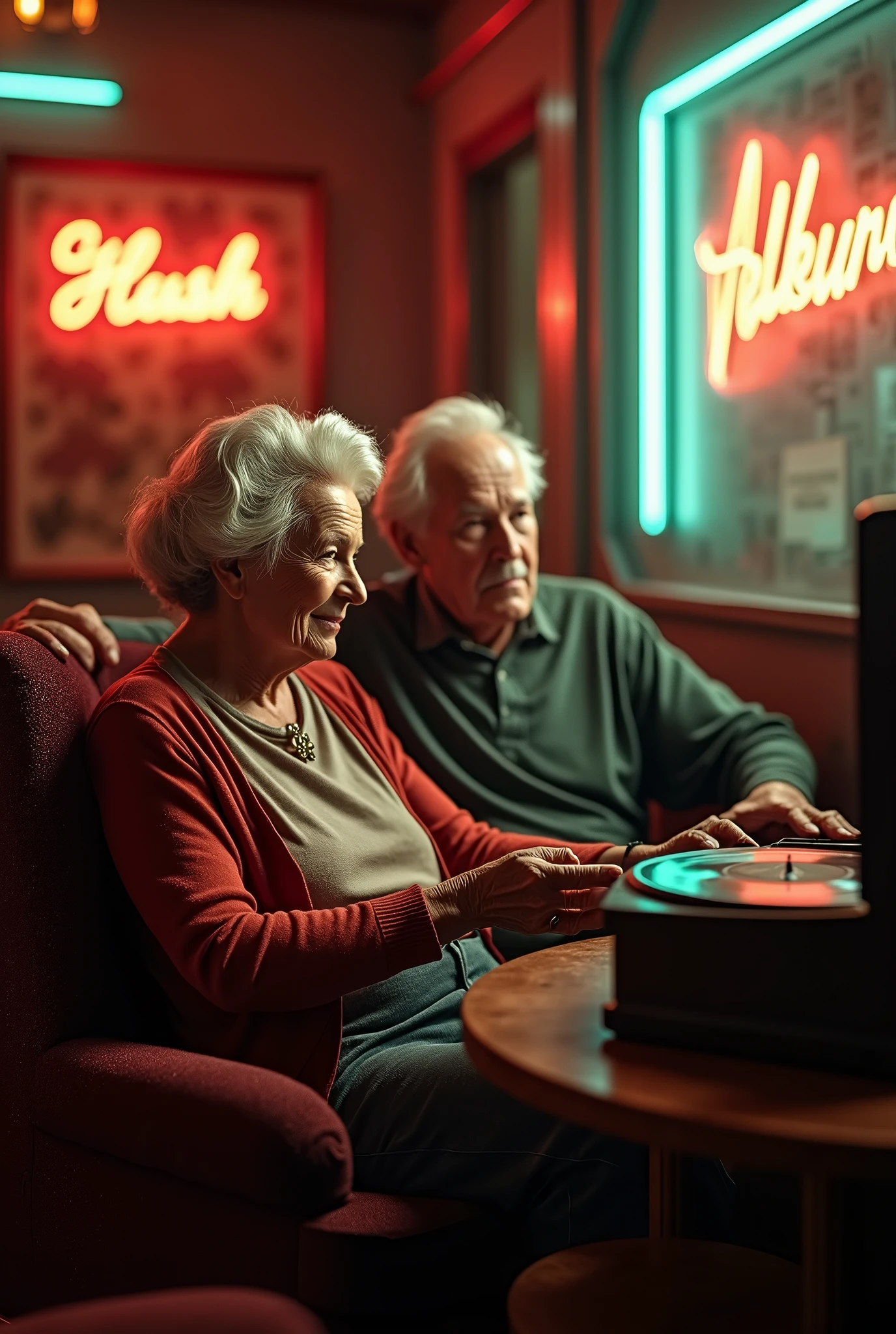  surrounded by vintage details, (a Vintage Record Player:1.6), Chrome accents, Neon Signs.,  dramatic lighting, shot on 35mm film., Nostalgic background,, membrane, eldery lady and gentleman are sitting on a chair and listneing to a music