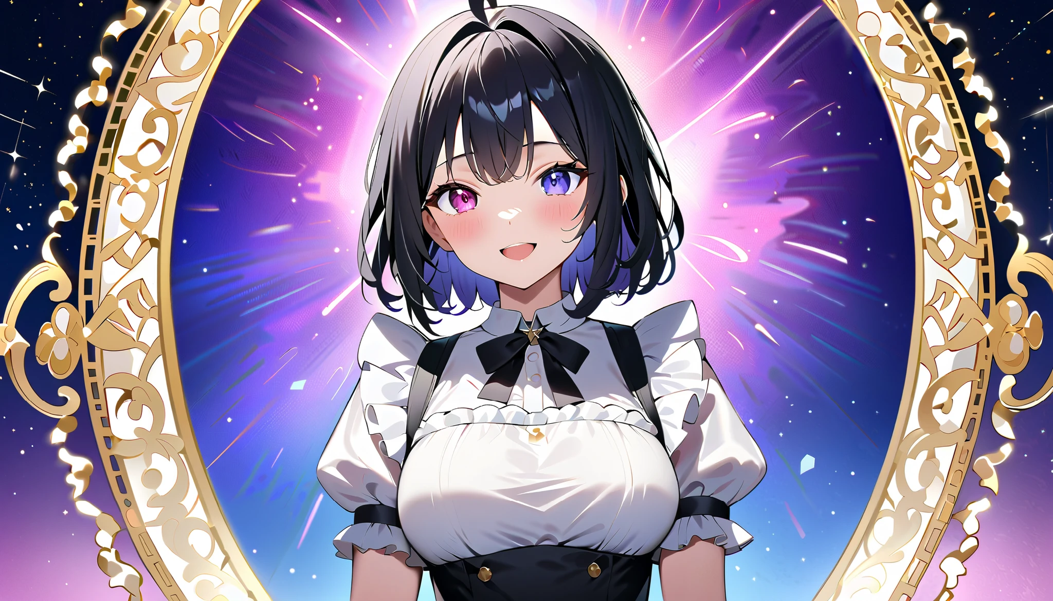 Beautiful illustrations, Best Quality, ((upright)), ((Arms at your sides)), Watching the audience,((1 girl)), Open your mouth, smile, Virtual YouTuber、((Best Quality, expensive_solve, Clear_image)),(Black Hair), (Ahoge), (Extremely short hair), (Wavy Hair), heterochromia,purple eye,white eye 、Laughter、Very large breasts、I can see the valley、Dressed in maid uniform、Background starry sky