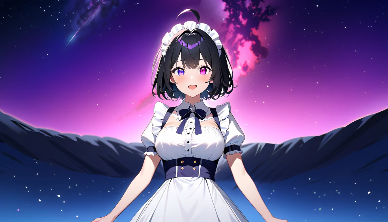 Beautiful illustrations, Best Quality, ((upright)), ((Arms at your sides)), Watching the audience,((1 girl)), Open your mouth, smile, Virtual YouTuber、((Best Quality, expensive_solve, Clear_image)),(Black Hair), (Ahoge), (Extremely short hair), (Wavy Hair), heterochromia,purple eye,white eye 、Laughter、Very large breasts、I can see the valley、Dressed in maid uniform、Background starry sky