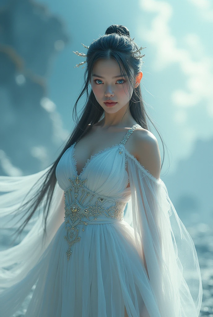 Highest quality, award-winning, masterpiece: 1.5), ultra-high resolution, (a fair-skinned girl: 1.2), long white hair, long hair floating (gorgeous face), calm, long yellow dress, elves, ancient ornaments, holding a bow and arrow, (feathers in hair: 0.4), headdress: 0.33, emerald, obsidian, detailed clothes, realistic skin texture, (floating particles, water swirls, embers, rituals, whirlwinds, wind: 1.2), clear focus, volumetric lighting, good highlights, good shadows, subsurface scattering, complex, highly detailed, ((film)), dramatic, (Realism: 1.5), background beach,