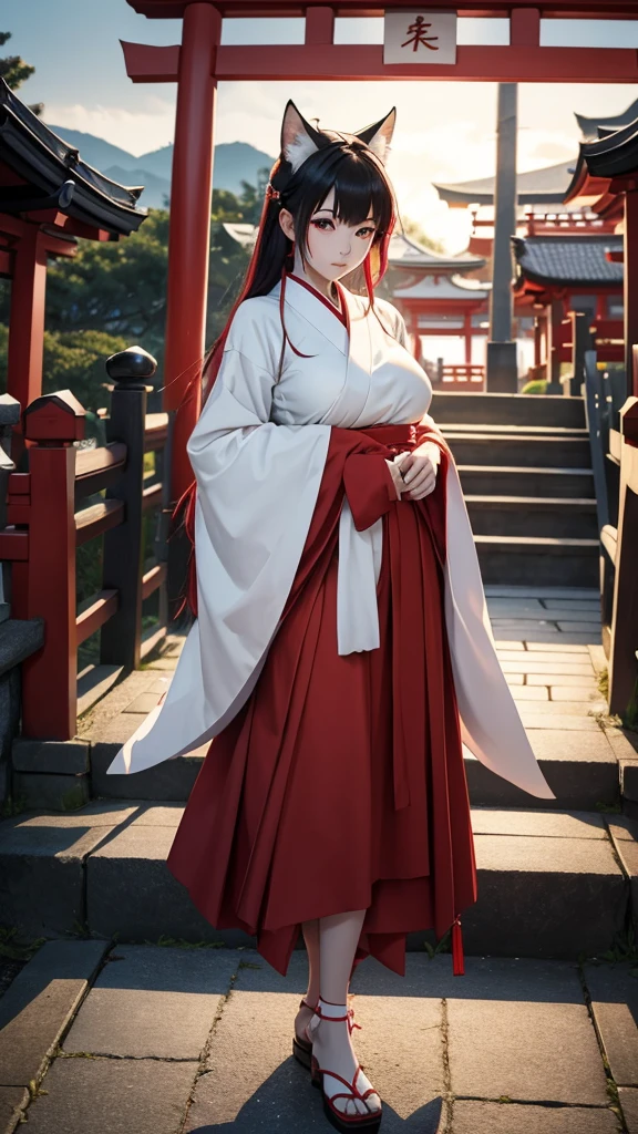 the high resolution of Inari Shrine in Japan that is dyed red 8k 2.5D Japanese pornographic animation character style image. It depicts a beautiful Japanese woman with shining pearly skin and impressive large amber eyes, showing her huge breasts hanging from her left and right sides, and a short hakama in a damp red-and-white miko costume clinging affectionately to a large, white, glossy fox with bold thighs. The fox's fur shines in the darkened evening sky. Behind it are layers of bright vermilion torii, a fascinating background that draws the viewer's eyes deep into the scene, and consists of a close-up full-body description.