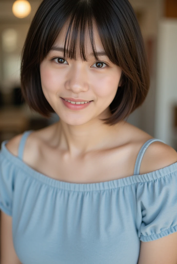  high definition ,  high detail ,  high definition, High Quality ,  very detailed ,  Ultra High Definition, bangs,  shortcuts, (smile),  huge Breasts ,  portrait photography,  Realism, japanese, realistic, beautiful girl, high school student, short hair, upper body, bobcut, (open mouth) wide angle shot with lots of background, 