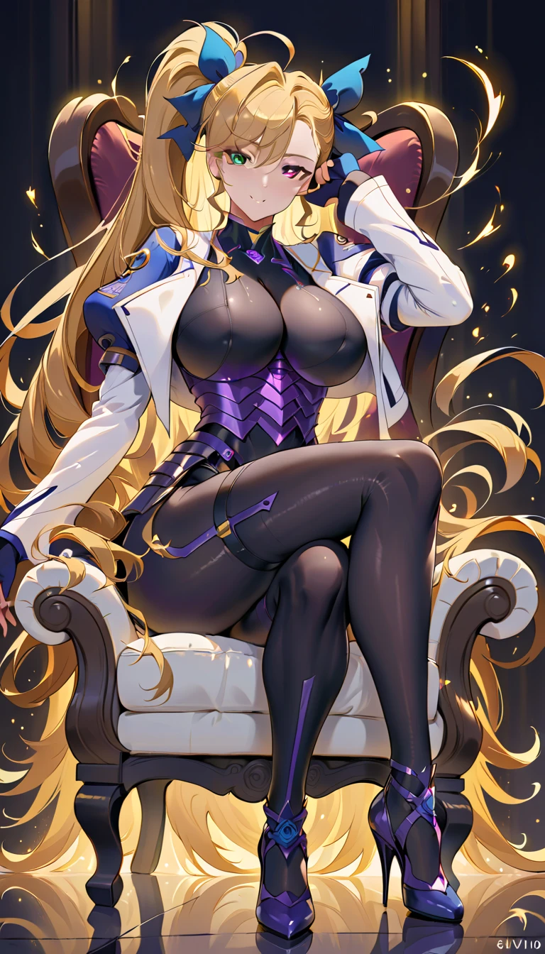 ((full body)), score_9,  score_8_up,  score_7_up,  score_6_up,  score_5_up,  score_4_up, sauce_Anime, bbvivio, aged up, Long Hair,  blonde hair , Ahoge,  Side Ponytail ,  hair bow,  heterochromia ,  Big Breasts ,  black bodysuit ,  cropped jacket,  white jacket ,  Puff Sleeves ,  Long Sleeve ,  black gloves , armor,  high detail,  High Quality ,smile, Wavy, 1 girl, Alone, Long Hair,  eye,  watching the audience, Particles of light, shut up, indoor, , bangs, ,  tilting your head ,Black Rose, 美丽细致的eye,   1 girl, Alone,  super detailed, Long Hit, Beautiful background,, .(  perfect hand, Perfect Legs，perfect feet， perfect anatomy),  ，M type，  transparent  ，Long legs，Low Cut，Release the shoulder， Touching the genitals，Correct body posture，Right leg shape  ，   Correct Body Ratio ，Correct thighs，Suitable shoes，Luxurious chair，，，