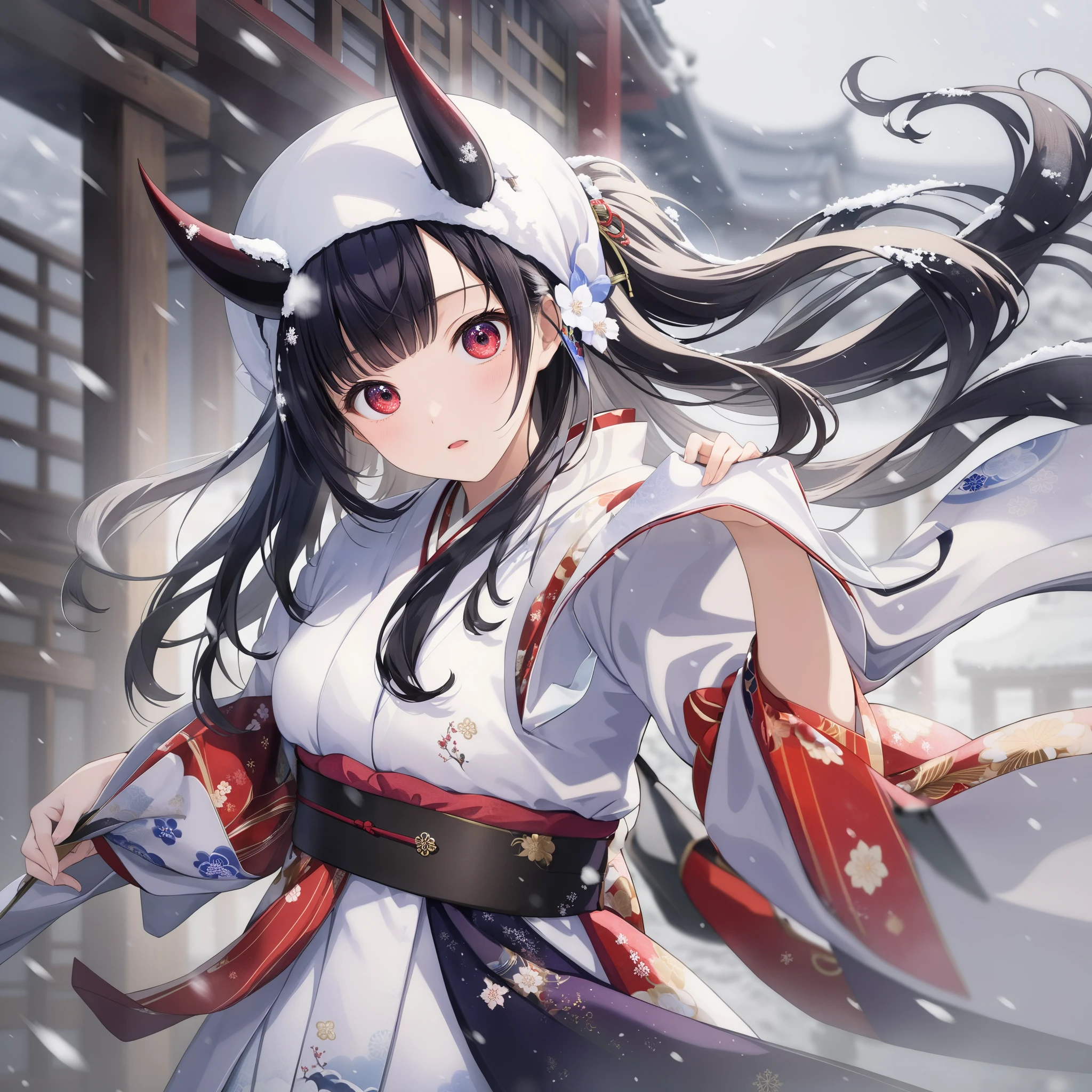 score_9, score_8_up, score_7_up, (1girl, solo), 18years old, upper body, white kimono, black long hair, demon horns, surprised expression, holding edge of kimono, (snowfield, snowstorm), oriental old style temple background