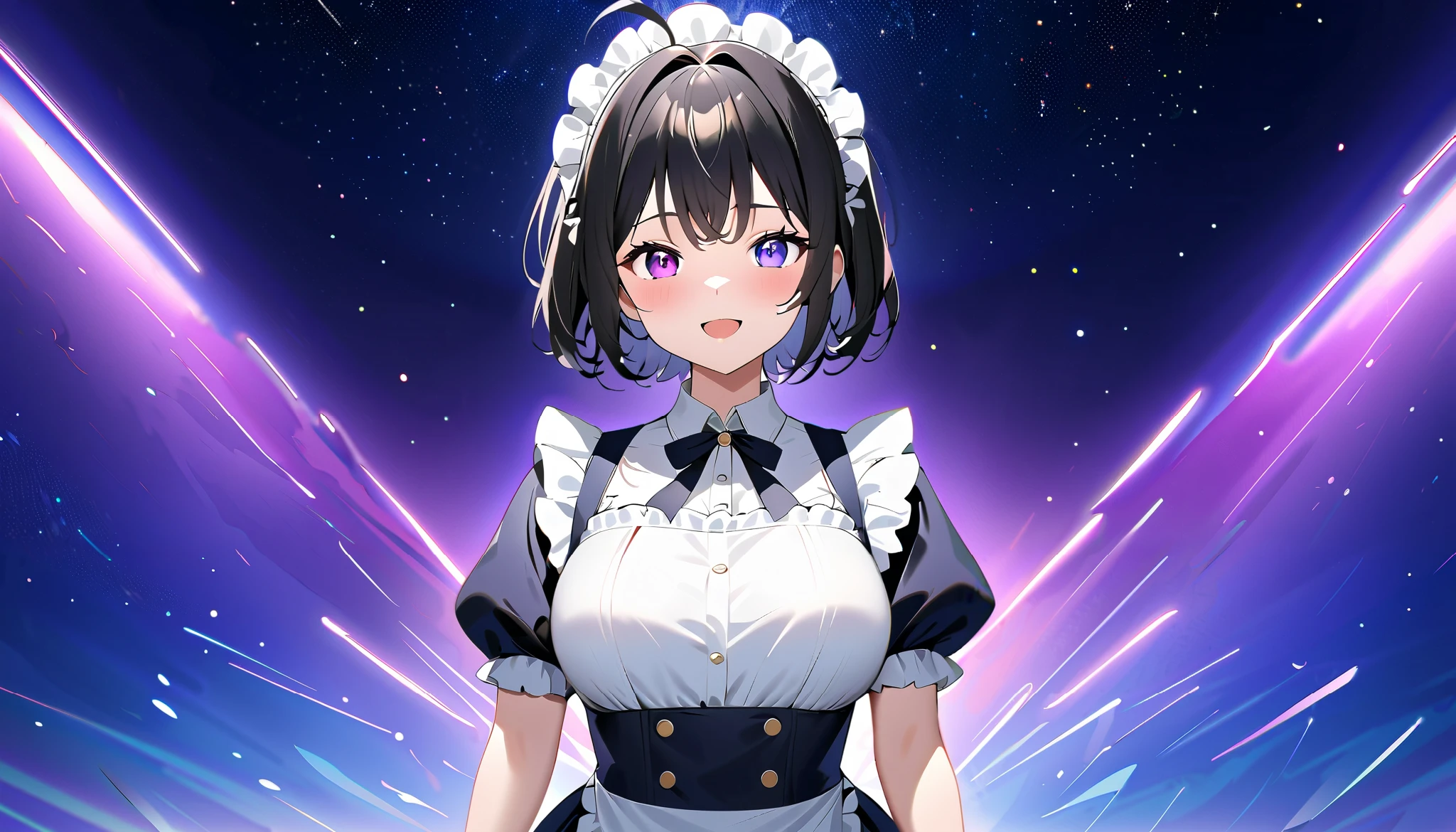 Beautiful illustrations, Best Quality, ((upright)), ((Arms at your sides)), Watching the audience,((1 girl)), Open your mouth, smile, Virtual YouTuber、((Best Quality, expensive_solve, Clear_image)),(Black Hair), (Ahoge), (Extremely short hair), (Wavy Hair), heterochromia,purple eye,white eye 、Laughter、Very large breasts、I can see the valley、Dressed in maid uniform、Background starry sky