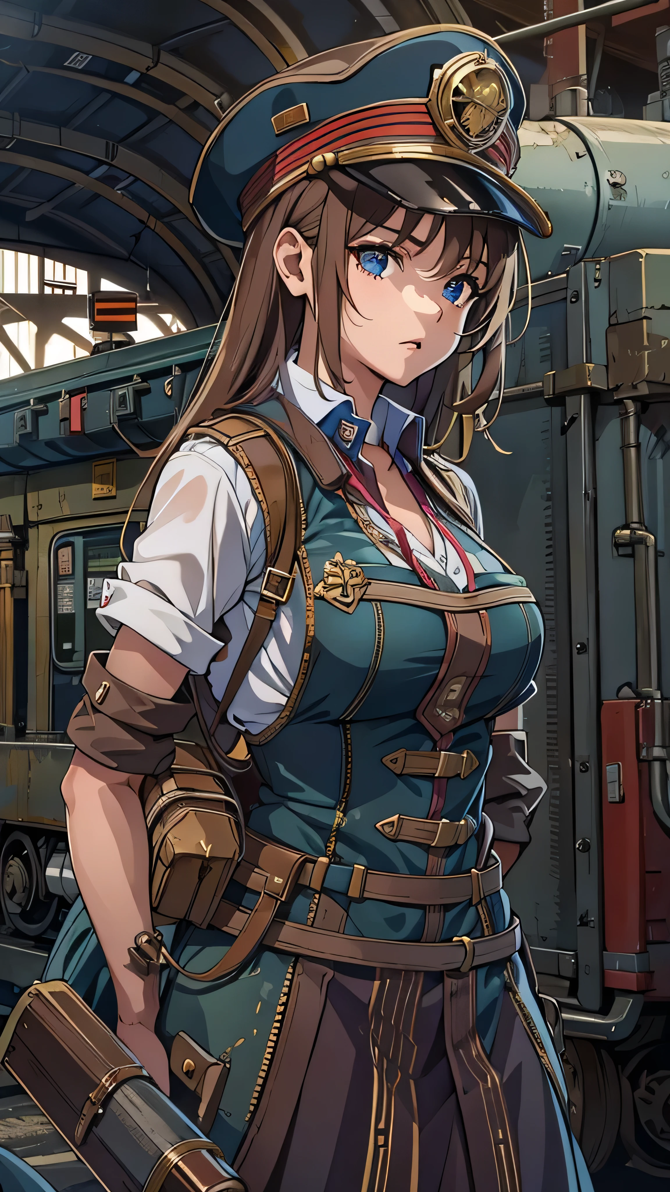  1 girl, Inside the station, Alone,  face details、 steam punk, Big Station, A girl in a railroad worker's uniform, steam, cigarette, masterpiece,  very detailed, high definition ,8k resolution,  best quality, full body high quality images 
