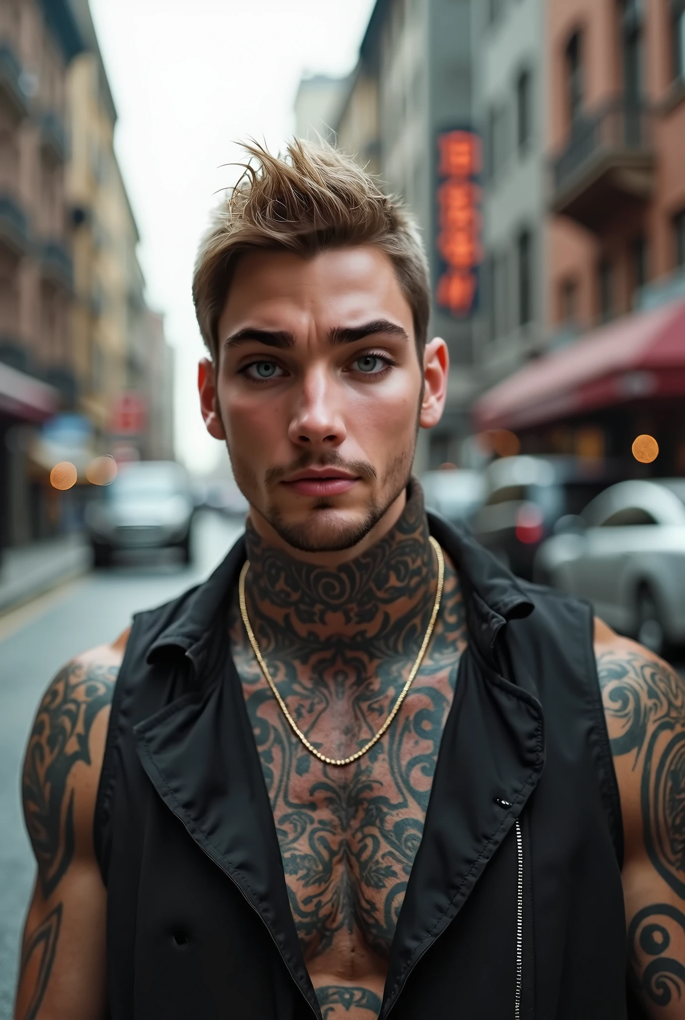 19 year old male, strong bodie, rustic and basic style, light brown hair in short mid fade cut, slightly curly hair and tattoos on the arm
