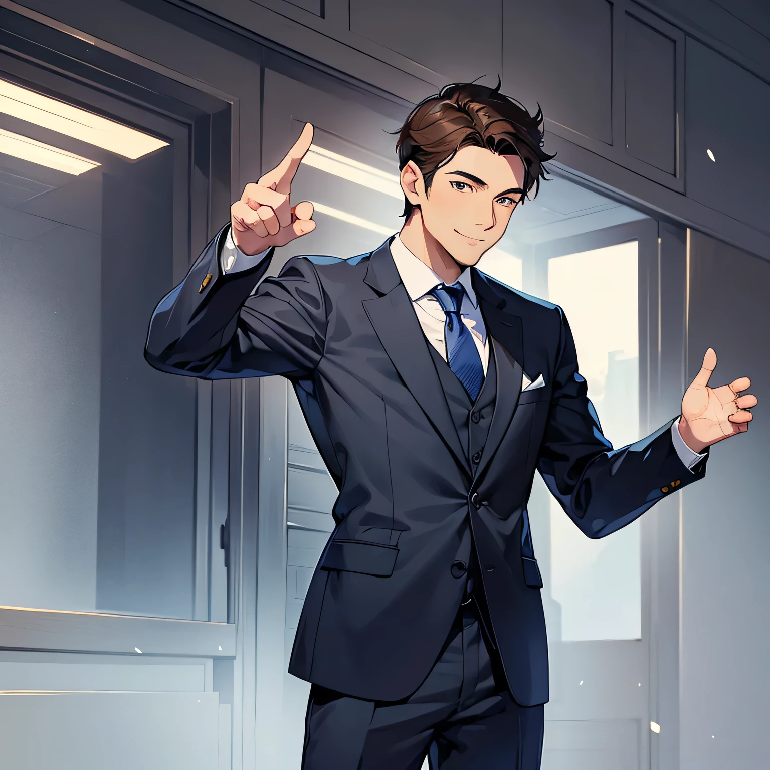 (top quality, masterpiece, front), 1 male, 30, great, handsome, Japanese, gentle smile, short dark brown hair, gentleman, standing, (no beard), fresh smile, dark blue business suit, gray tie, left arm raised straight across, pointing, posing