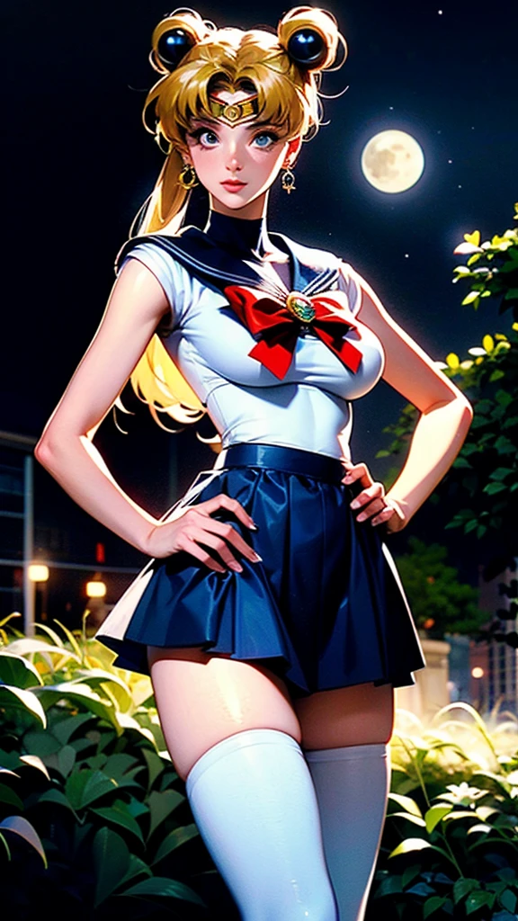 A beautiful female, solo, (perfect sailor moon cosplay girl), (((beautiful high resolution Digital illustration, perfect depiction, delicate painting,))), image of head to knees, front view, standing with little open stance, (absolutely detailed beautiful face, sexy face, natural makeup), perfect figure, detailed depiction, (put your hand on your hip, point at viewer, perfect depiction of fingers, perfect anatomy), ((extremely detailed)), masterpiece , best quality, incredibly absurdres, perfect illustration, 4k, 8k, perfect anatomy, ultra detailed anime style, realistic, photorealistic, ((extremely description, late night, a moon in the sky, beautiful moon, night, in the park, in background )),  Tsukino Usagi, (sailor moon, blonde hair, twintails, circlet, jewelry, crescent earrings),BREAK (blue skirt, dress, thighhighs)