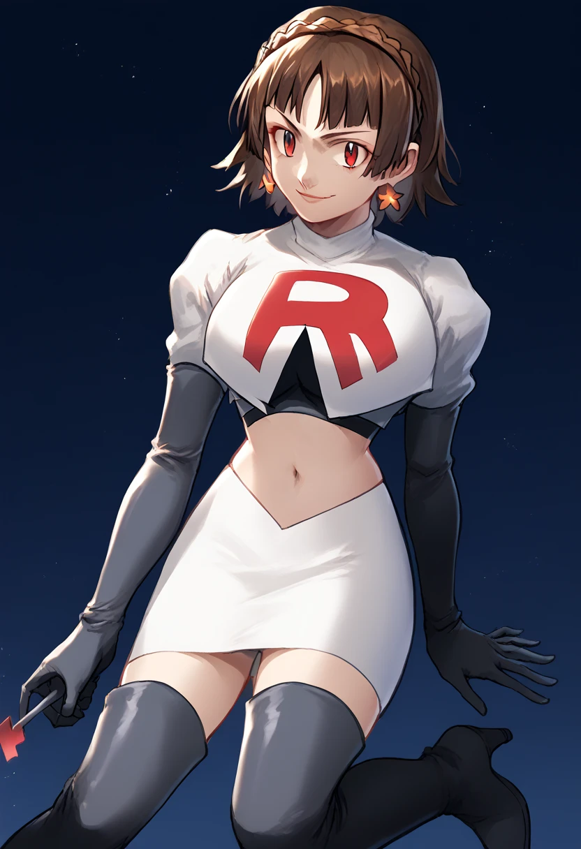 Team rocket, team rocket uniform, red letter R, white skirt,white crop top,black thigh-high boots, black elbow gloves, evil smile, night sky background, earrings, large breasts, high-heeled boots, Makoto Niijima, brown hair, crown braid