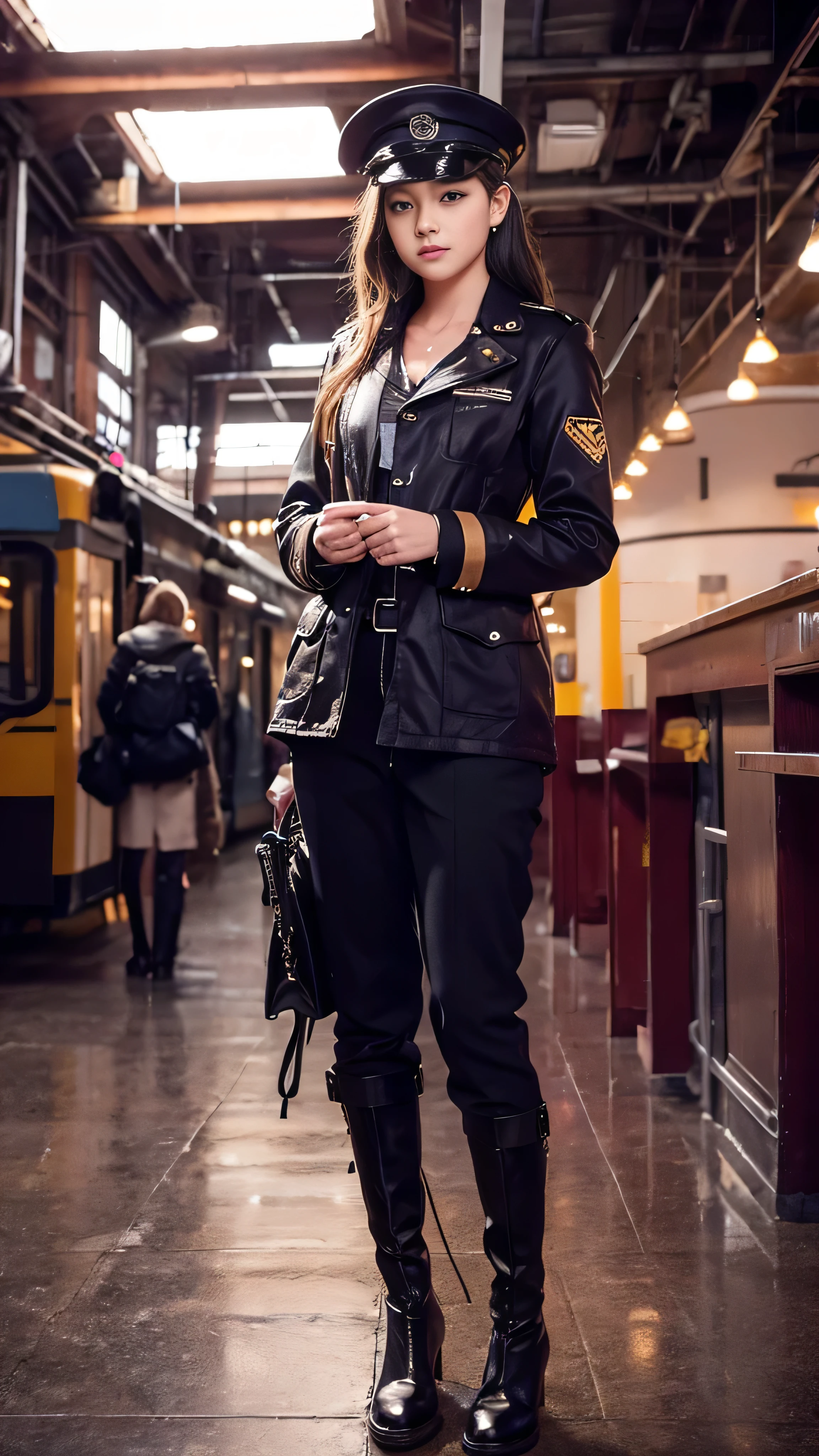  1 girl, Inside the station, Alone,  face details、 steam punk, Big Station, A girl in a railroad worker's uniform, steam, cigarette, masterpiece,  very detailed, high definition ,8k resolution,  best quality, full body high quality images 
