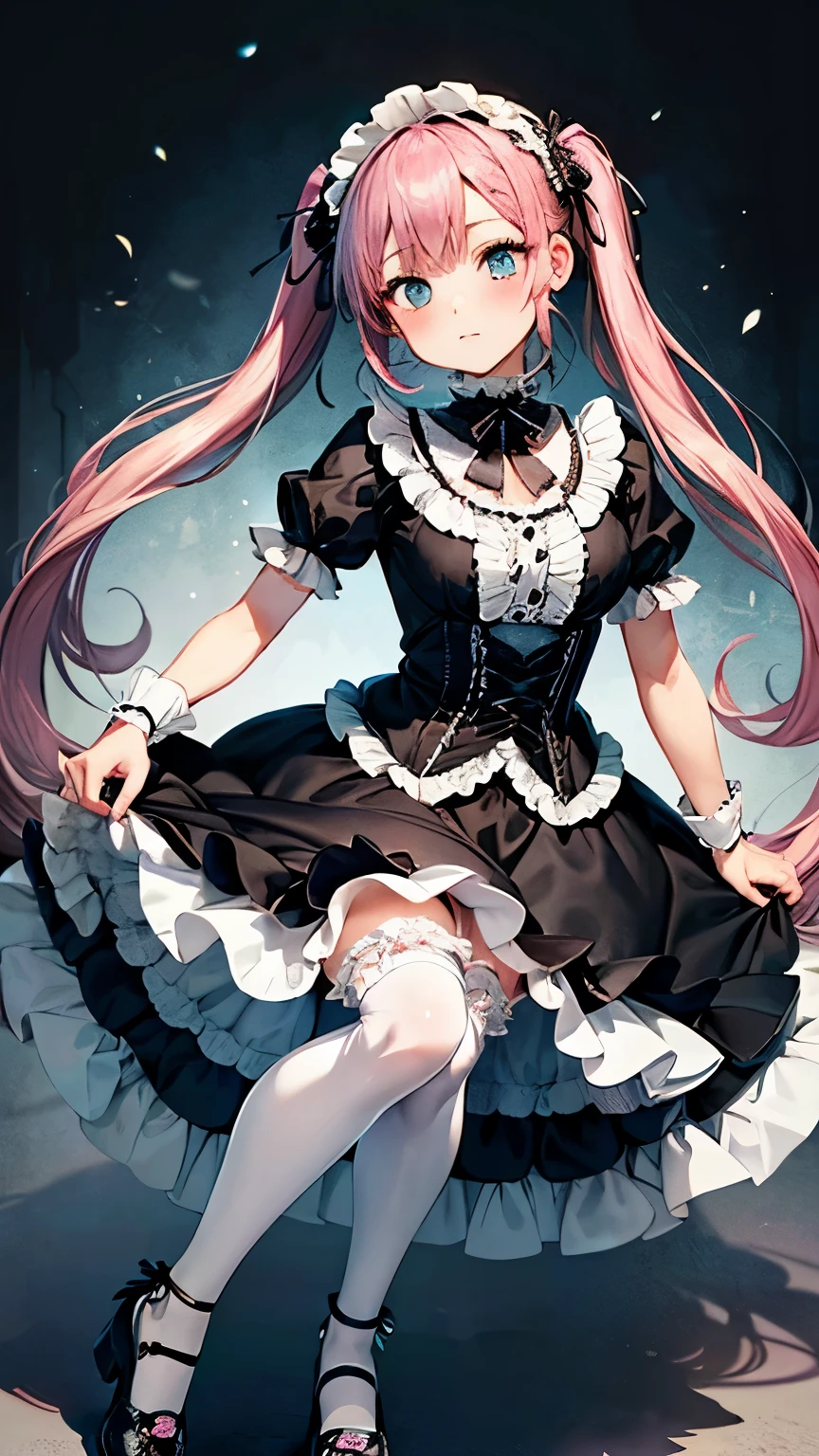 ((best quality, 8k, masterpiece:1.2, nsfw ),Cutest,Cute girl,solo,mesugaki,Beautiful face,Beautiful eyes,Beautiful hair, Light pink hair,break,Lots of colorful flowers,break,Gothic Lolita in dark tones,break,eyeshadows,eye liner,Front Focus,Voluminous lights from the front,Deep darkness in the background,tucking up the skirt,Show panties,from below looking up,