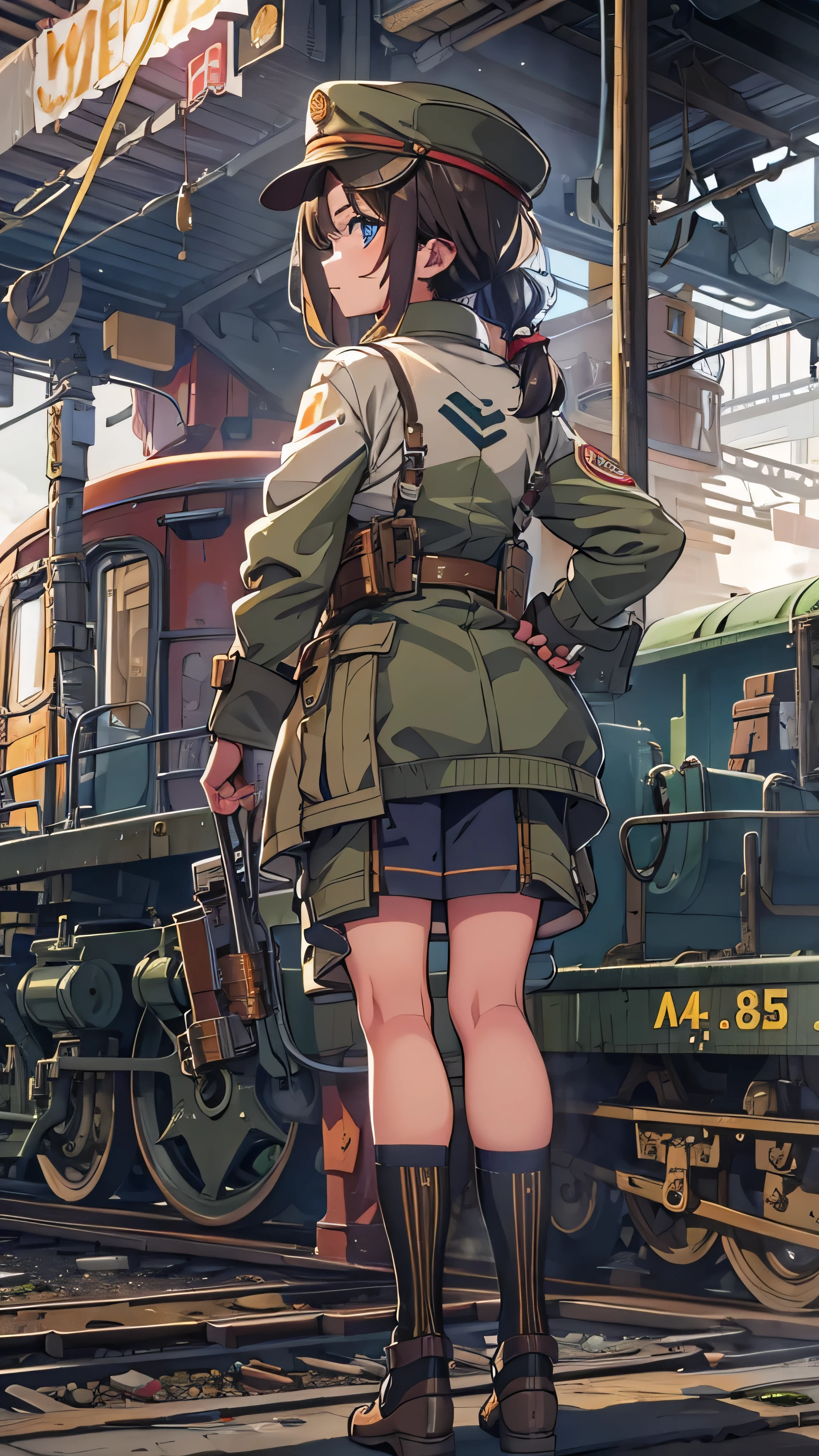  1 girl,  Pilot Cap  , Alone,  face details、 steam punk, Big Station, A girl in a railroad worker's uniform, steam, cigarette, masterpiece,  very detailed, high definition ,8k resolution,  best quality, full body high quality images 
