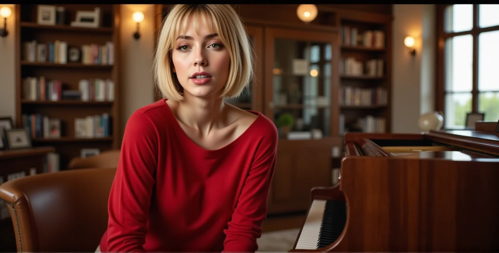 A full-body shot of Nexia is sitting at the grand piano in a cozy, warmly lit room filled with books. ((She wears a red oversized sweater with a wide neckline, short skirt and brown leggins)). She has short blond bob hairs. She speak and look at the viewer. Masterpiece, 16k, high detailed, high resolution, cinematic color, ((anti)), Nexia
