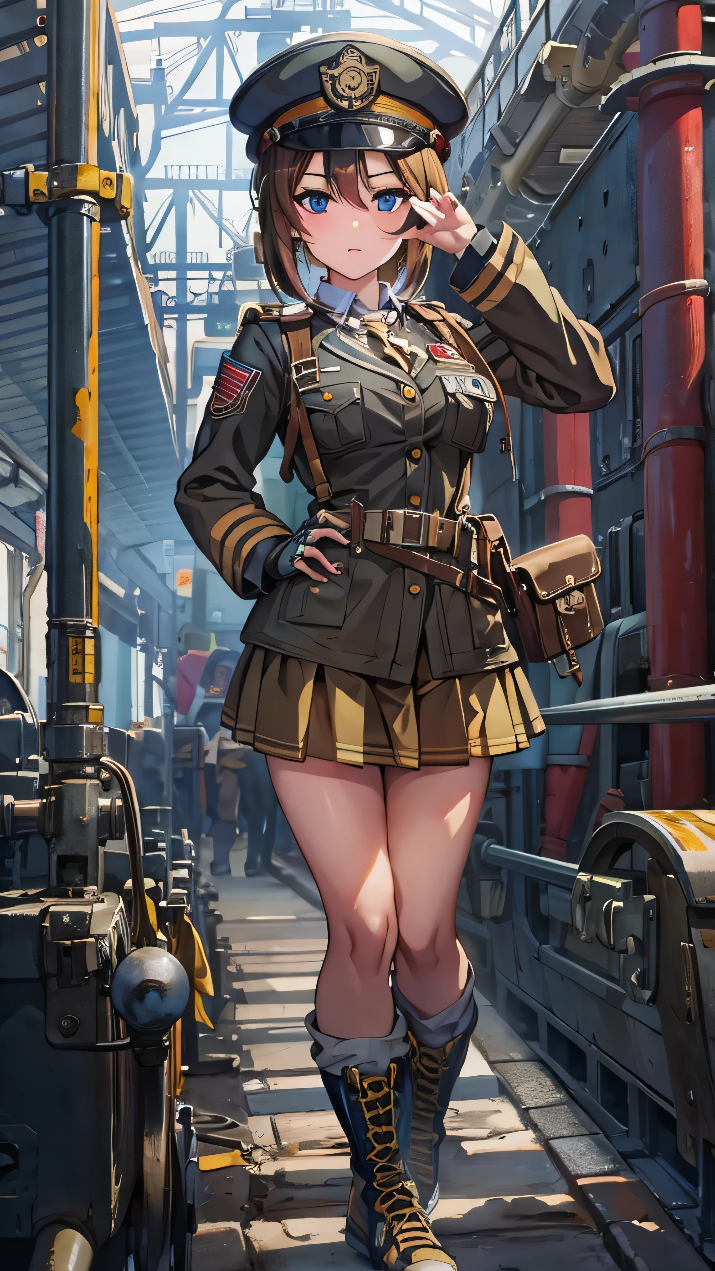  1 girl,  Pilot Cap  , Alone,  face details、 steam punk, Big Station, A girl in a railroad worker's uniform, steam, cigarette, masterpiece,  very detailed, high definition ,8k resolution,  best quality, full body high quality images 
