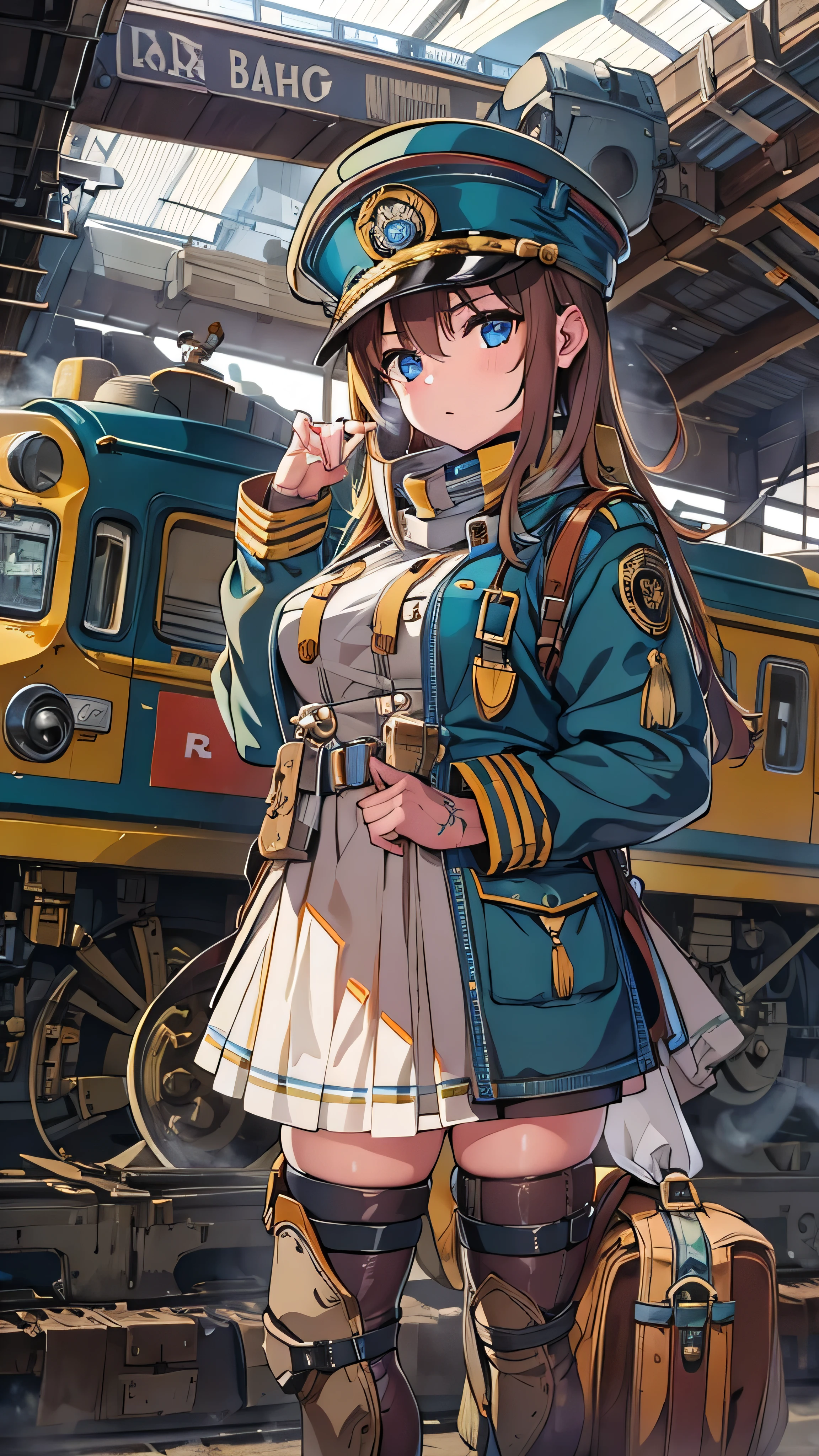  1 girl,  Pilot Cap  , Alone,  face details、 steam punk, Big Station, A girl in a railroad worker's uniform, steam, cigarette, masterpiece,  very detailed, high definition ,8k resolution,  best quality, full body high quality images 
