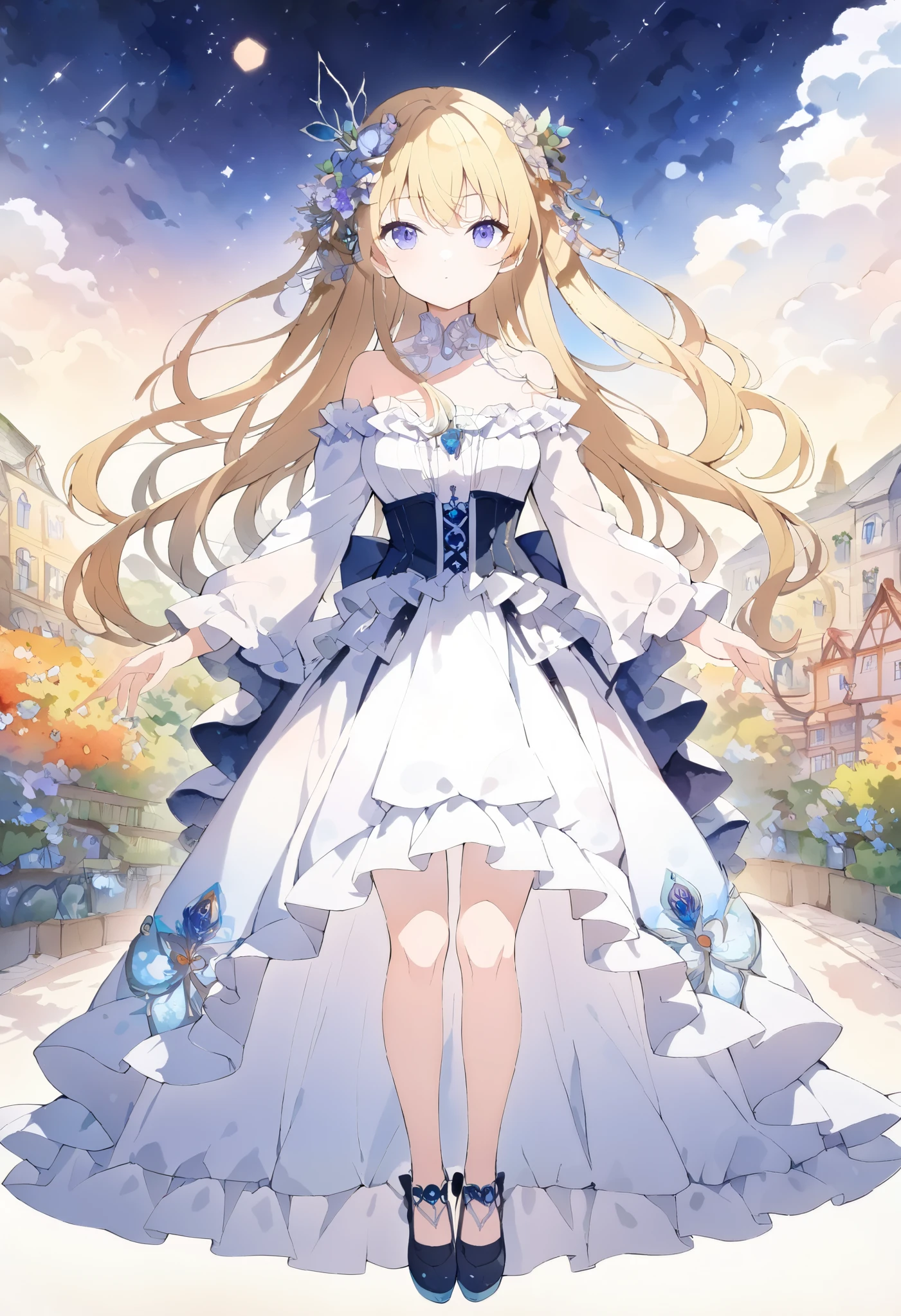 saratoga \(warship girls r\)，((masterpiece)),(((best quality))),((ultra-detailed)),((illustration)),((disheveled hair)),((frills)),(1 girl),(solo),1girl, bangs, bare shoulders, blonde hair, blue butterfly, blue eyes, blush, breasts, butterfly, dress, eyebrows visible through hair, flower, full body, gloves, hair ornament, high heels, jewelry, large breasts, long hair, looking at viewer, one eye closed, open mouth, smile, solo, standing, strapless, strapless dress, tiara, very long hair, weapon, white dress, white footwear, white gloves