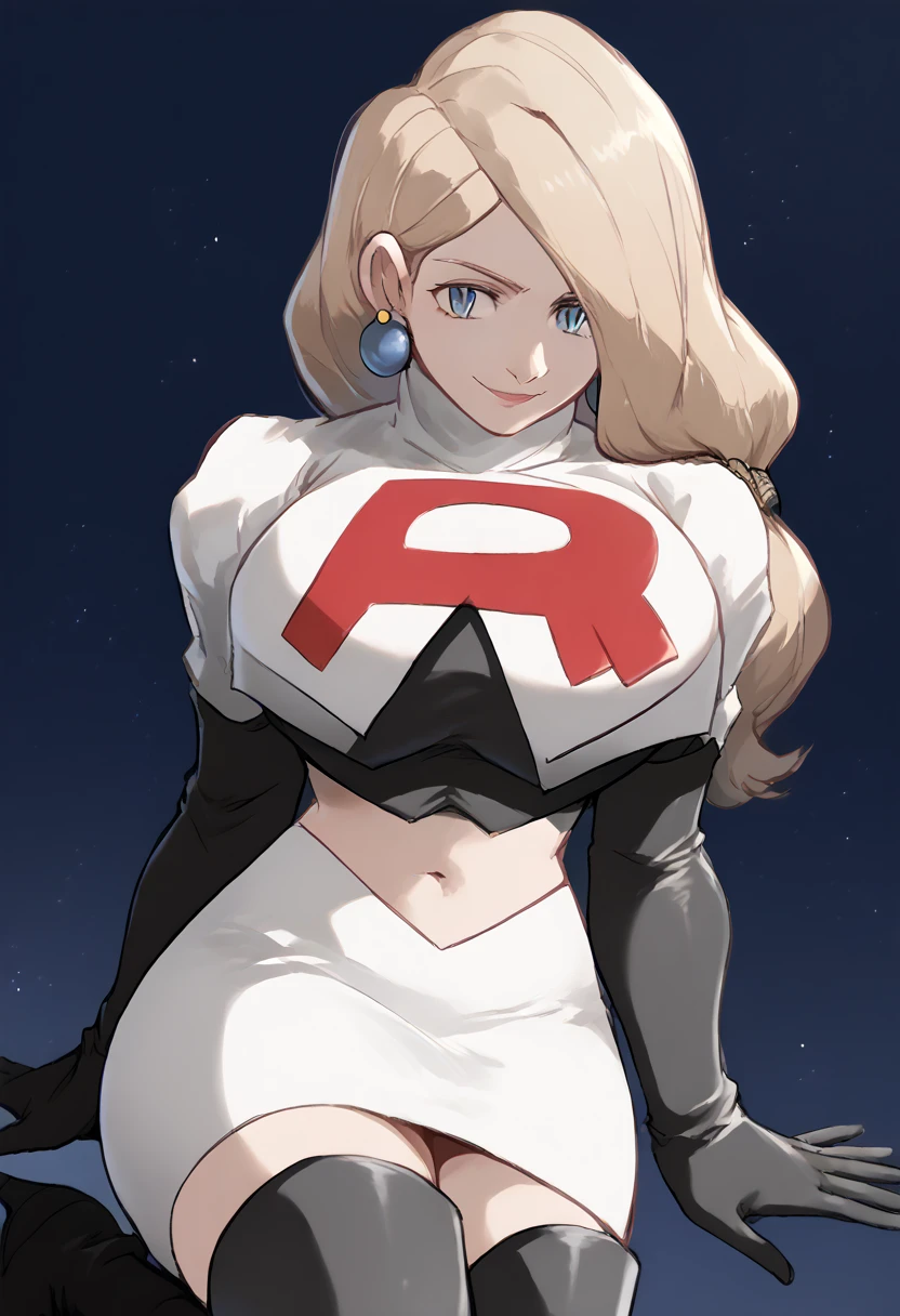 Team rocket, team rocket uniform, red letter R, white skirt,white crop top,black thigh-high boots, black elbow gloves, evil smile, night sky background, earrings, large breasts, high-heeled boots, Mercedes Von Martritz, light brown hair,