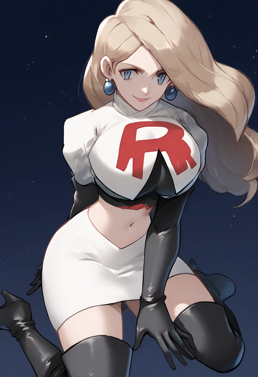 Team rocket, team rocket uniform, red letter R, white skirt,white crop top,black thigh-high boots, black elbow gloves, evil smile, night sky background, earrings, large breasts, high-heeled boots, Mercedes Von Martritz, light brown hair,