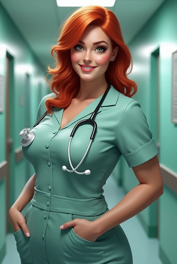ultra realistic sexy long red head green eyes big K cup breasts very revealing cleavage shirt skirt medical doctor woman caring full body viewing sitting sexy big ass leg on leg listening smiling pretty bright curvy ass
