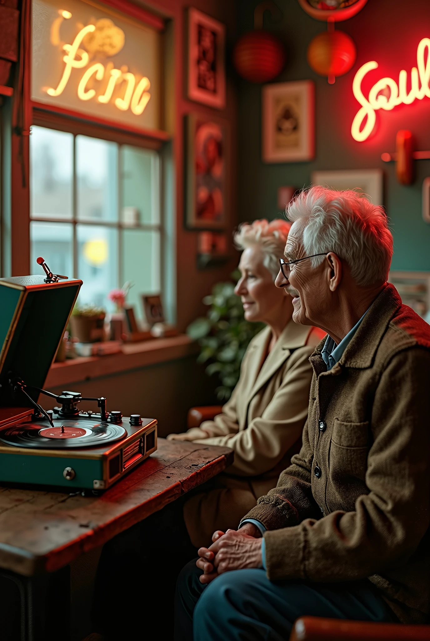  surrounded by vintage details, (a Vintage Record Player:1.6), Chrome accents, Neon Signs.,  dramatic lighting, shot on 35mm film., Nostalgic background,, membrane, eldery lady and gentleman are sitting on a chair and listneing to a music