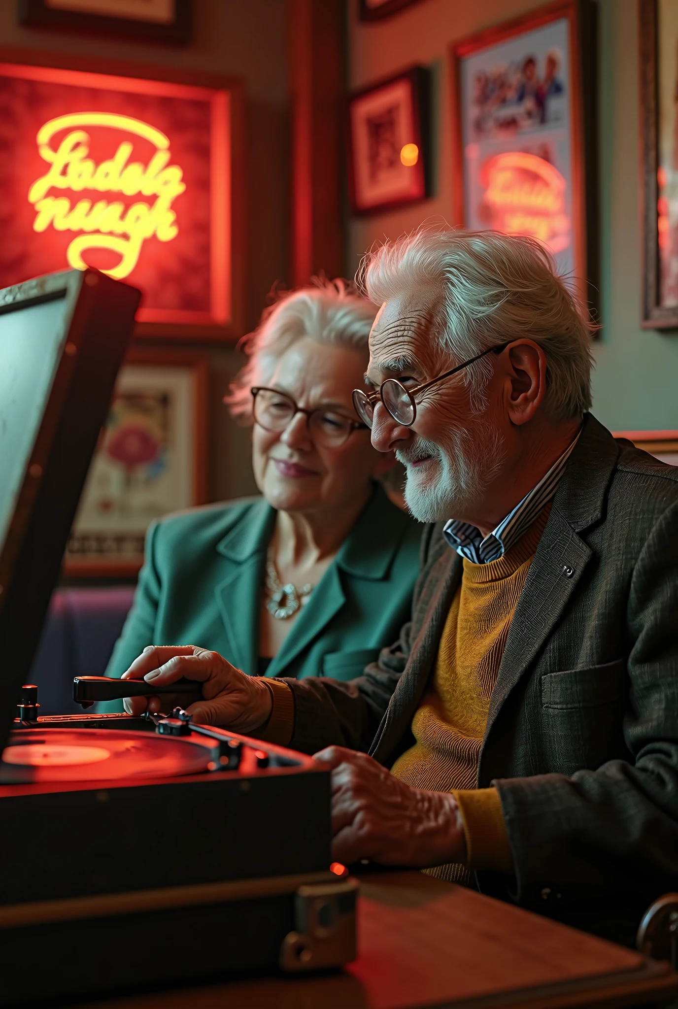  surrounded by vintage details, (a Vintage Record Player:1.6), Chrome accents, Neon Signs.,  dramatic lighting, shot on 35mm film., Nostalgic background,, membrane, eldery lady and gentleman are sitting on a chair and listneing to a music