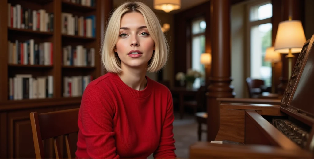 A full-body shot of Nexia is sitting at the grand piano in a cozy, warmly lit room filled with books. ((She wears a red oversized sweater with a wide neckline, short skirt and brown leggins)). She has short blond bob hairs. She speak and look at the viewer. Masterpiece, 16k, high detailed, high resolution, cinematic color, ((anti)), Nexia
